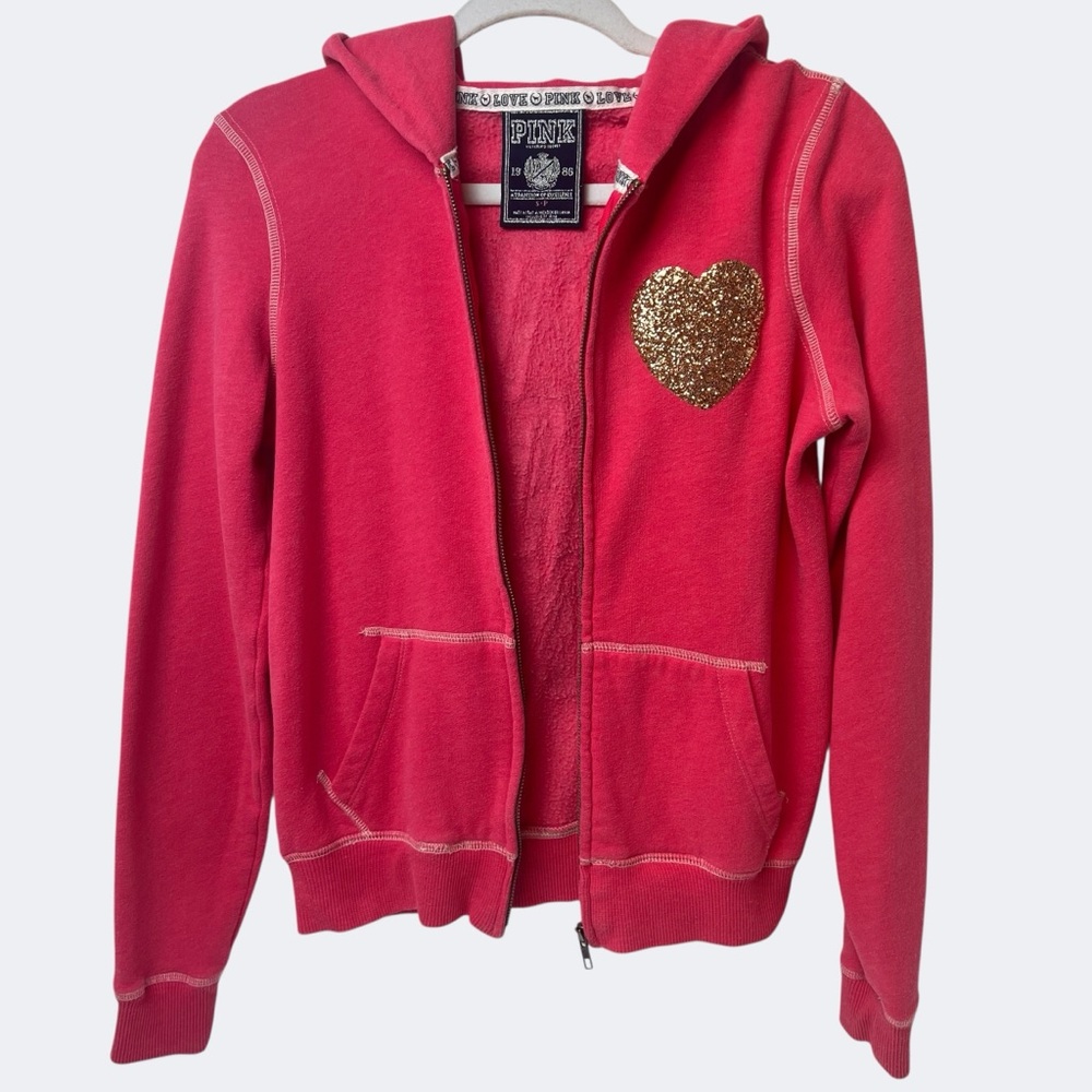 PINK Victoria's Secret Sequin “Love Pink” Zip Hoodie Pink Glitter Heart Size S - Picture 4 of 11
